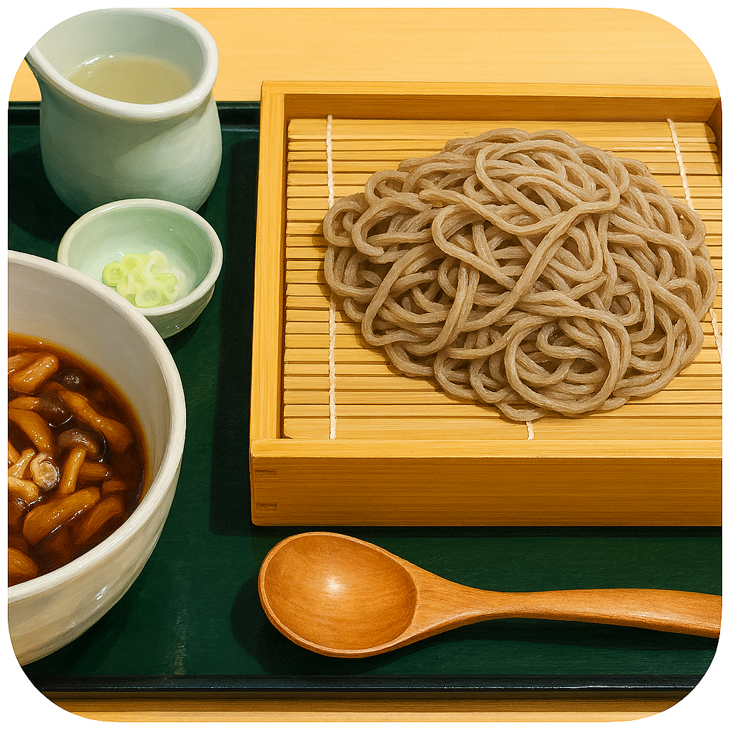 出水酒造 Izumi Sake Brewery 鹿児島県 竹ざるに盛られたせいろそば、きのこ入りのつけ汁、薬味、そば湯の器、そして木のスプーン